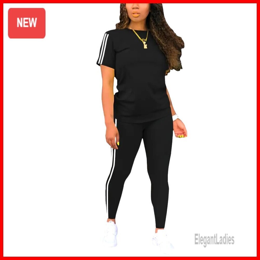 Women's Summer Casual Sweatsuit Set, Short Sleeve Top & Pants, Medium